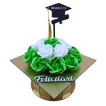 Aranjament toca absolvire - cu topper, decorat cu flori de sapun verde-alb, din lemn, 22x22x17 cm, cutie auriu