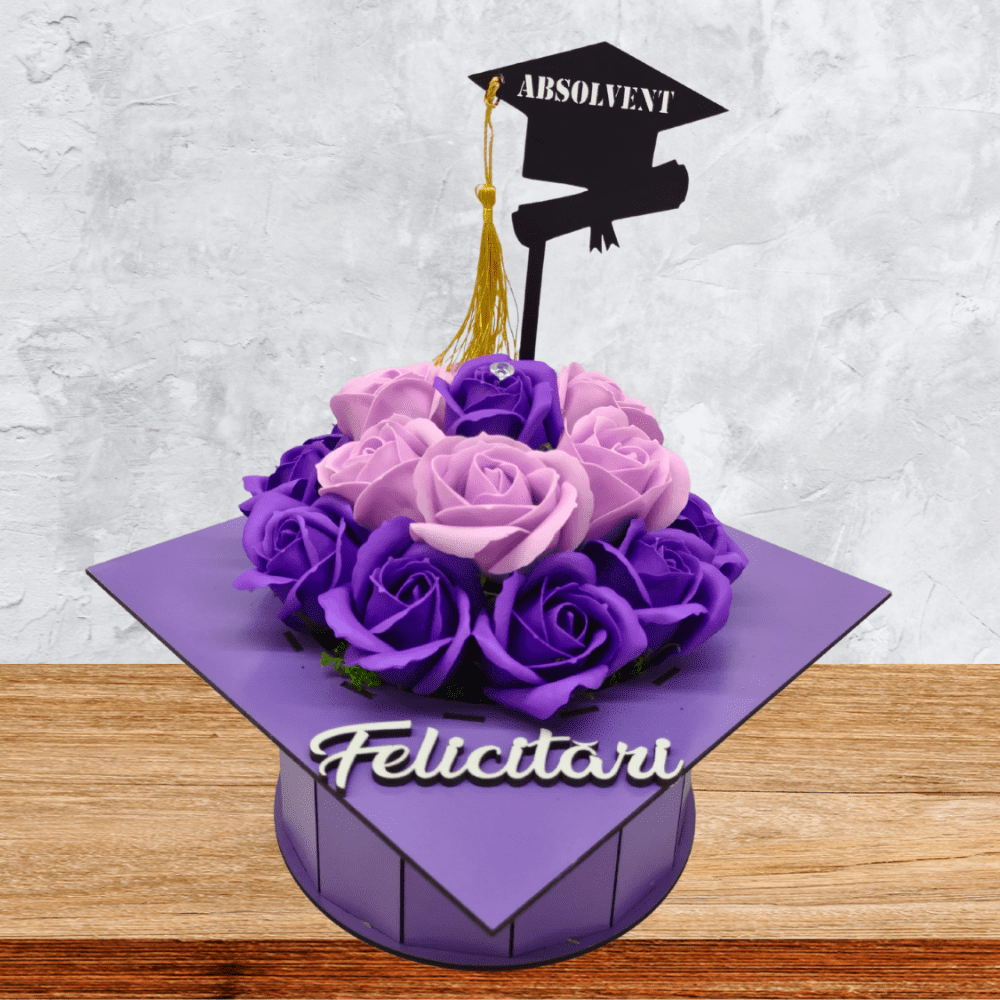 Aranjament toca absolvire - cu topper, decorat cu flori de sapun mov-mov deschis, din lemn, 17x17x15 cm, cutie mov - imagine 2